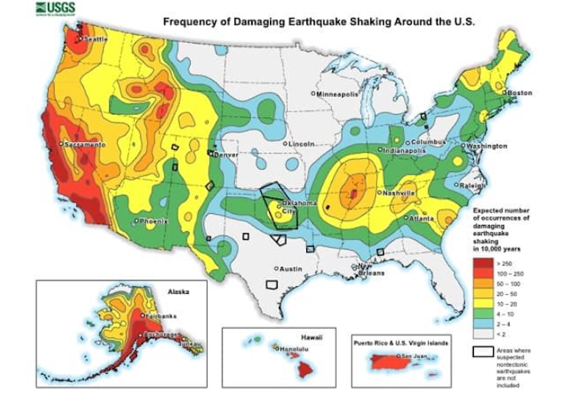 Frequency of damaging earthquake shaking around the U.S.