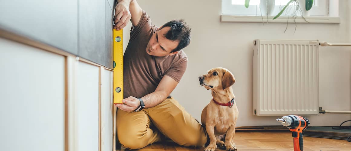 A man accompanied by a dog, possibly connected to home renovation or improvement.