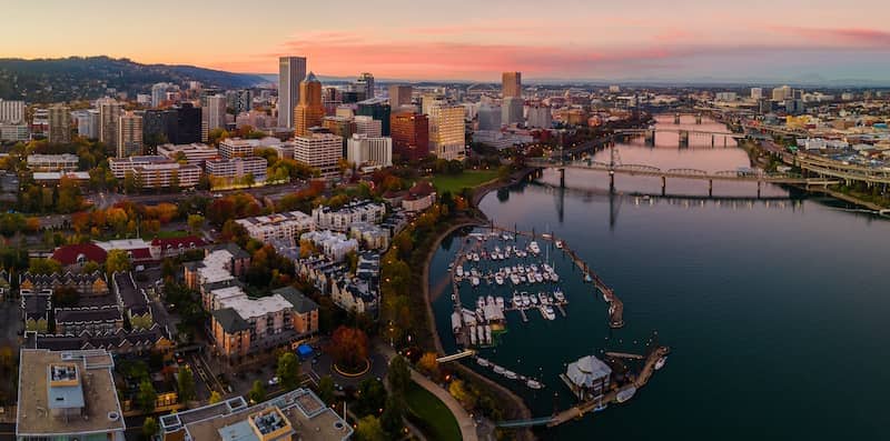 Aerial view of Portland, Oregon, at dusk.