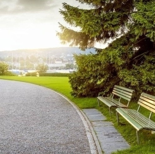 A view of a park in a city with track and benches.