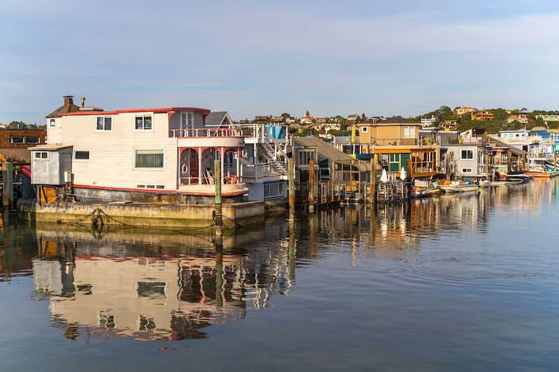 Floating houseboat community. 