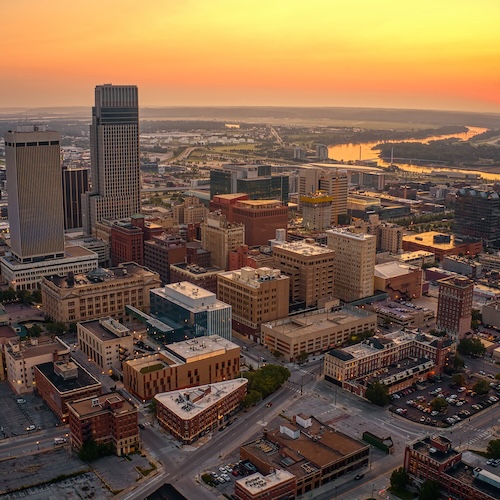 Aerial view of Omaha, Nebraska, at sunset.