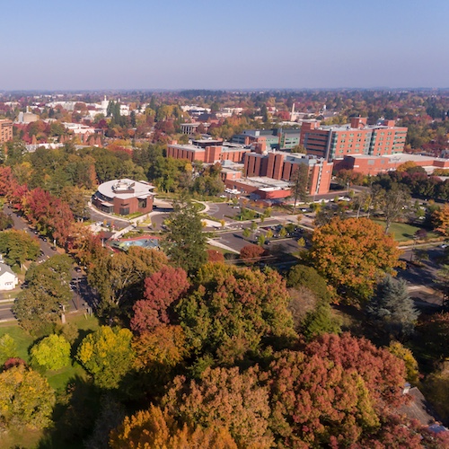 Bird's eye view of Salem, Oregon in the fall with red and yellow leaves on the trees.