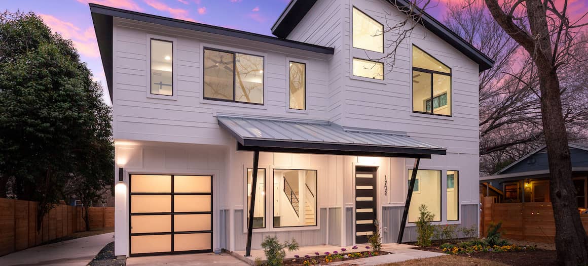 Modern home at twilight.