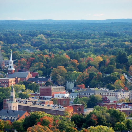 Aerial view of downtown Dover, New Hampshire, in early fall.