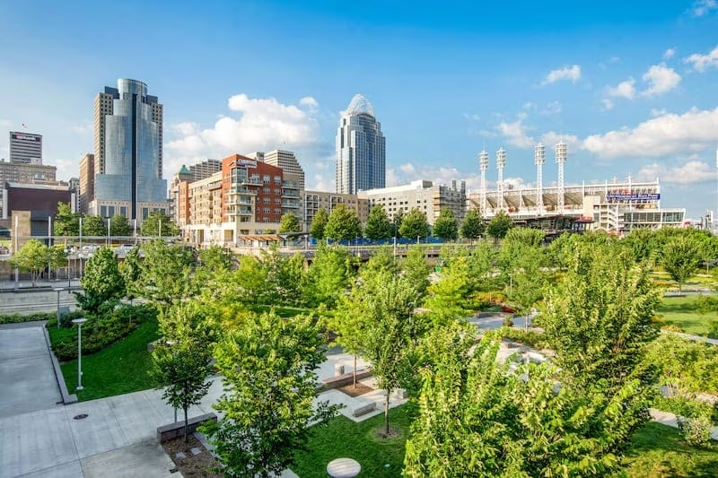 Smale Riverfront Park in Cincinnati, Ohio next to the John A Roebling Suspension Bridge