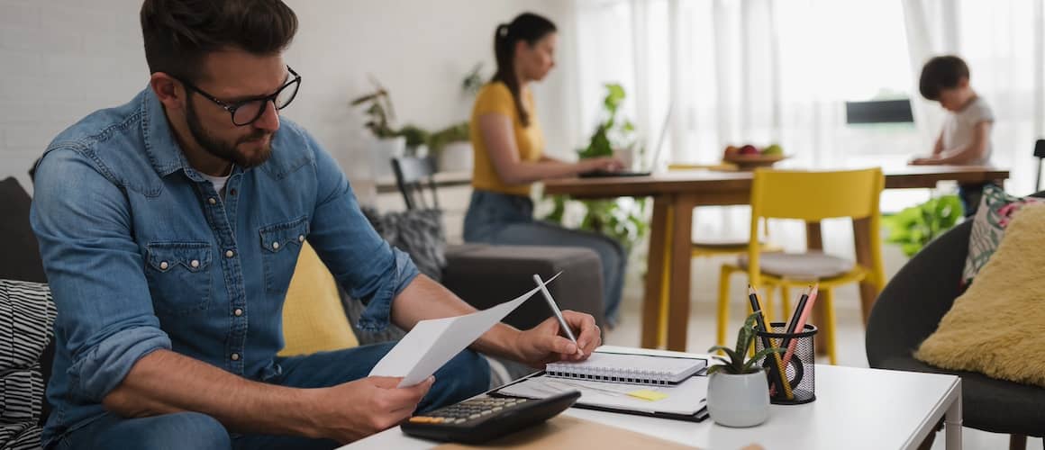 Man in glasses working at a table in a co-working space.