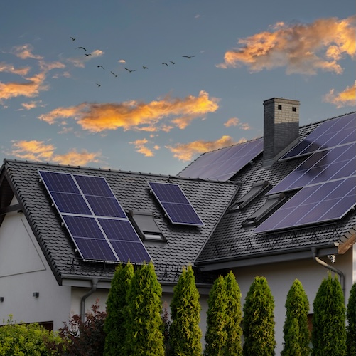 Large home with solar panels at sunset with geese flying overhead.