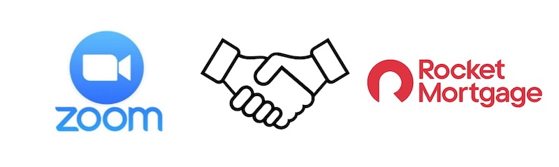 Zoom and Rocket Mortgage logos flanking a graphic of a handshake.