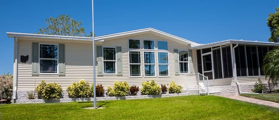 Mobile home with large windows, potentially illustrating a mobile or manufactured home design.