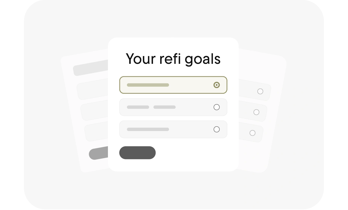 Illustration of card titled “Choose your refi goal” with three options: “Take cash out” (selected), “Lower my payment,” and “Compare rate options.”