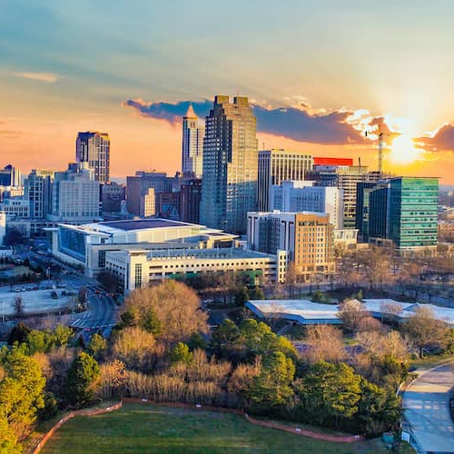 The skyline of Raleigh, showcasing the cityscape and urban environment.