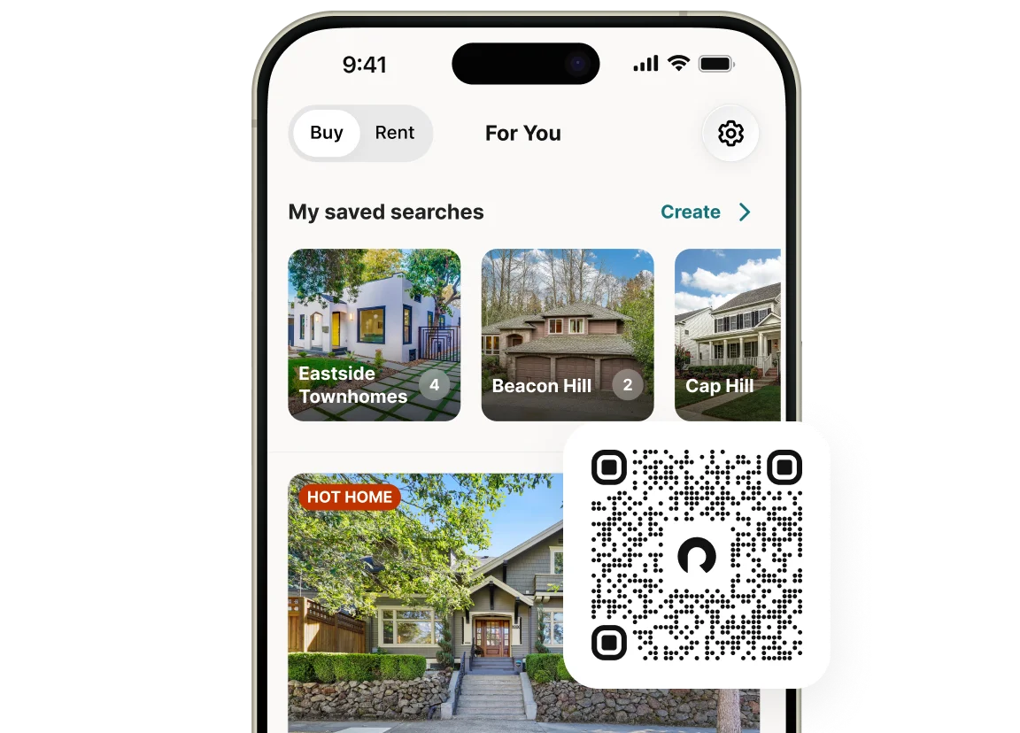 Phone screen with home listings and QR code to download app.
