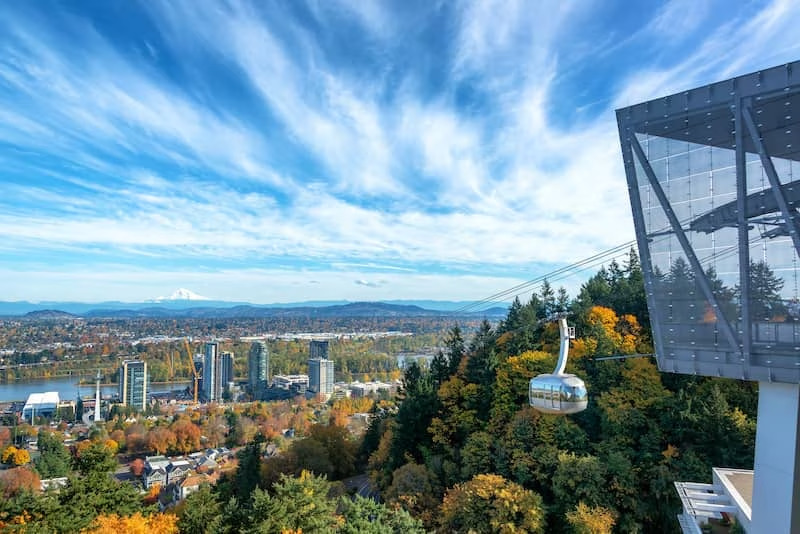 Aerial view of Portland with air tram.