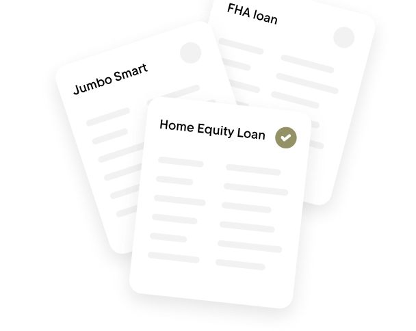 Three illustrated loan documents labeled Jumbo Smart, FHA loan, and Home Equity Loan, with Home Equity Loan marked as selected.