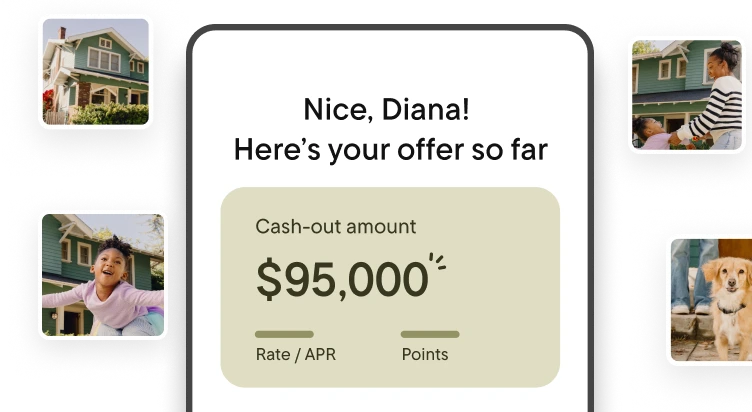 Mockup of a mobile chat screen showing a mortgage offer that reads, “Nice, Diana! Here’s your offer so far,” with a cash-out amount of $95,000, alongside small photos of a family surrounding the screen.