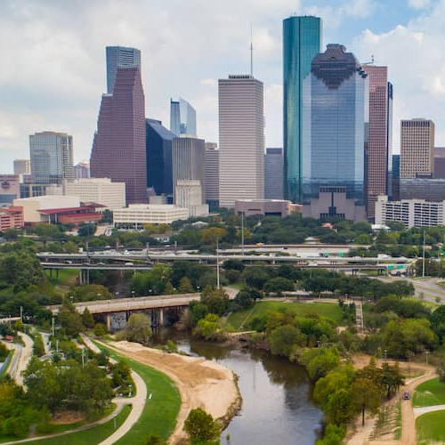 Buffalo Bayou Park, which might be related to local attractions or areas in a city or neighborhood with modern skyscraper in the background.