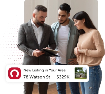 A Rocket Homes real estate agent in a suit and white shirt holding a clipboard, discusses homes for sale with his clients, a casually dressed couple.
