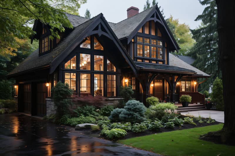 Tudor style home at dusk lit up from within, with gable roof and timber framing and wooden garage doors.