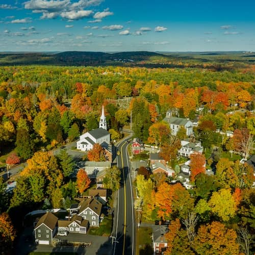Aerial view of Pepperell, Maine in the fall.