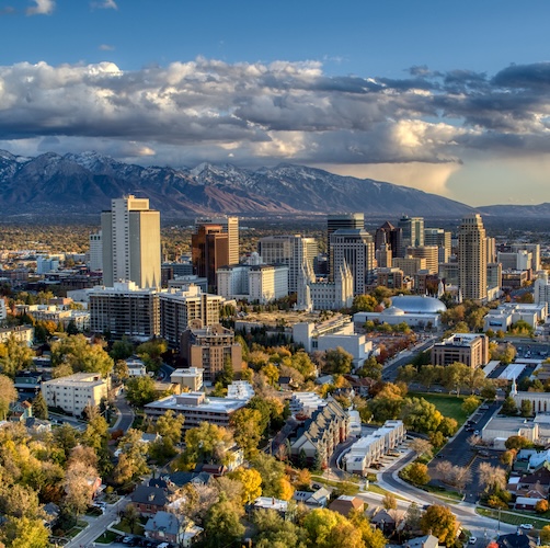 Aerial view of Salt Lake City against the mountains in Utah.