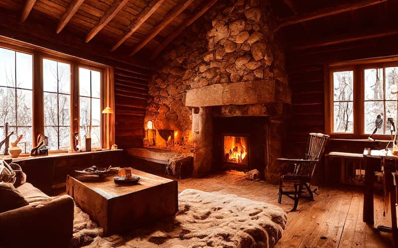 Interior of a rustic log cottage with wood floors, open beams, stone fireplace and cozy furniture. 