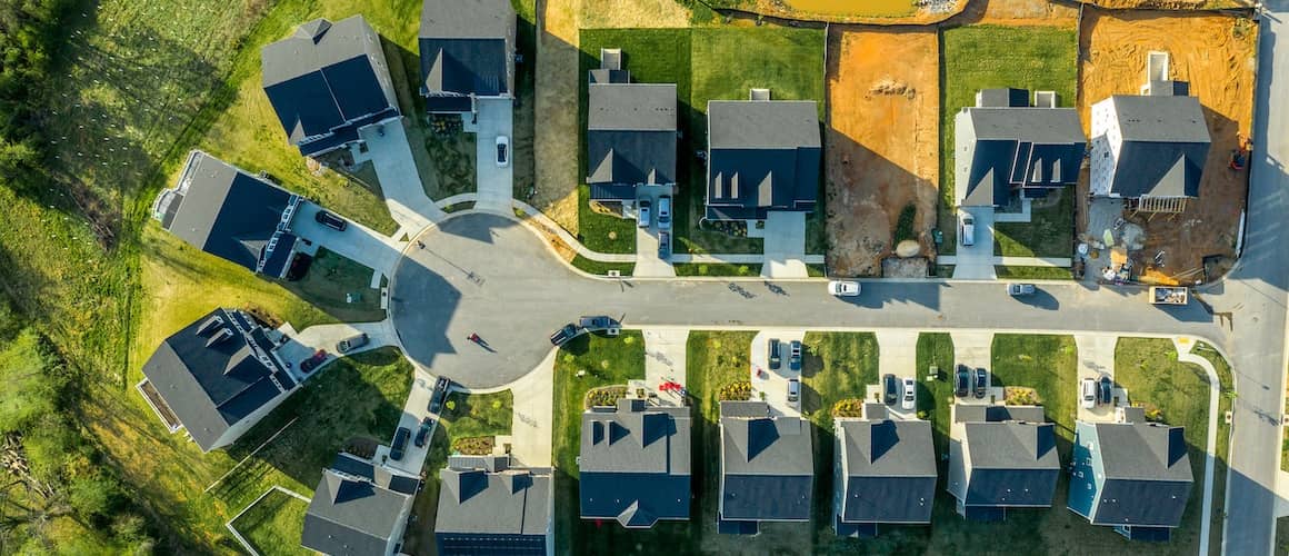 Houses in a cul de sac in a newly constructed neighborhood.