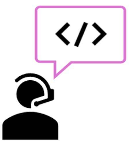Graphic icon of person with headset and a coded chat bubble.