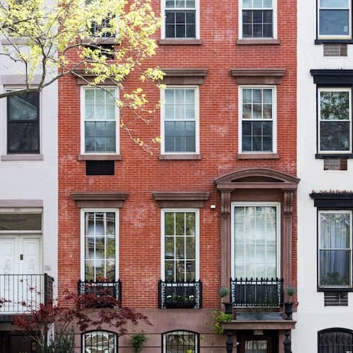 Historic brownstone buildings.